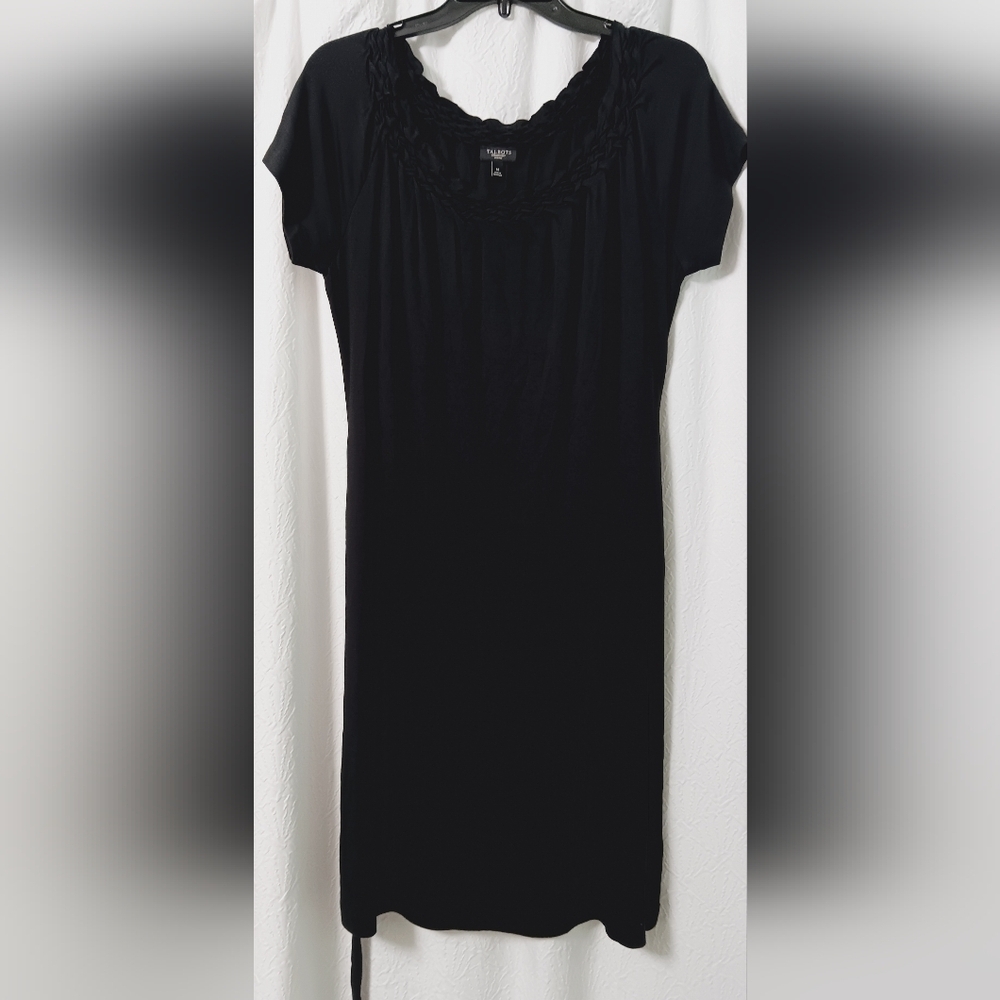 Talbots Medium Petite MP Black Jersey Knit Dress Braided Neck With Belt